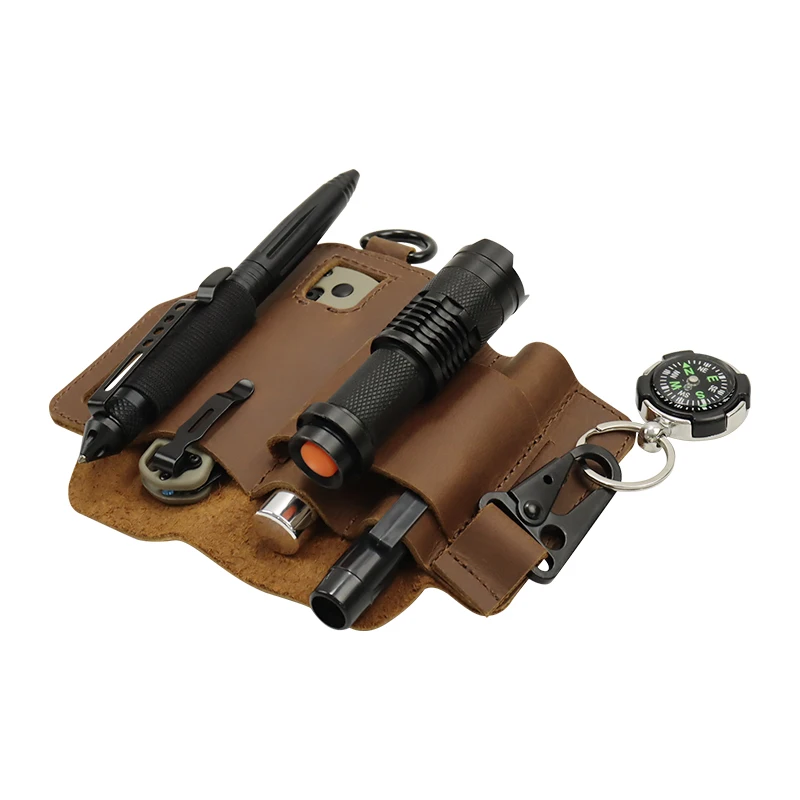 Men Genuine Leather Tool Pocket Keychain Flashlight Pen Knife Storage Wear Resistant Durable Retro Outdoor Sports Folding Pocket 2