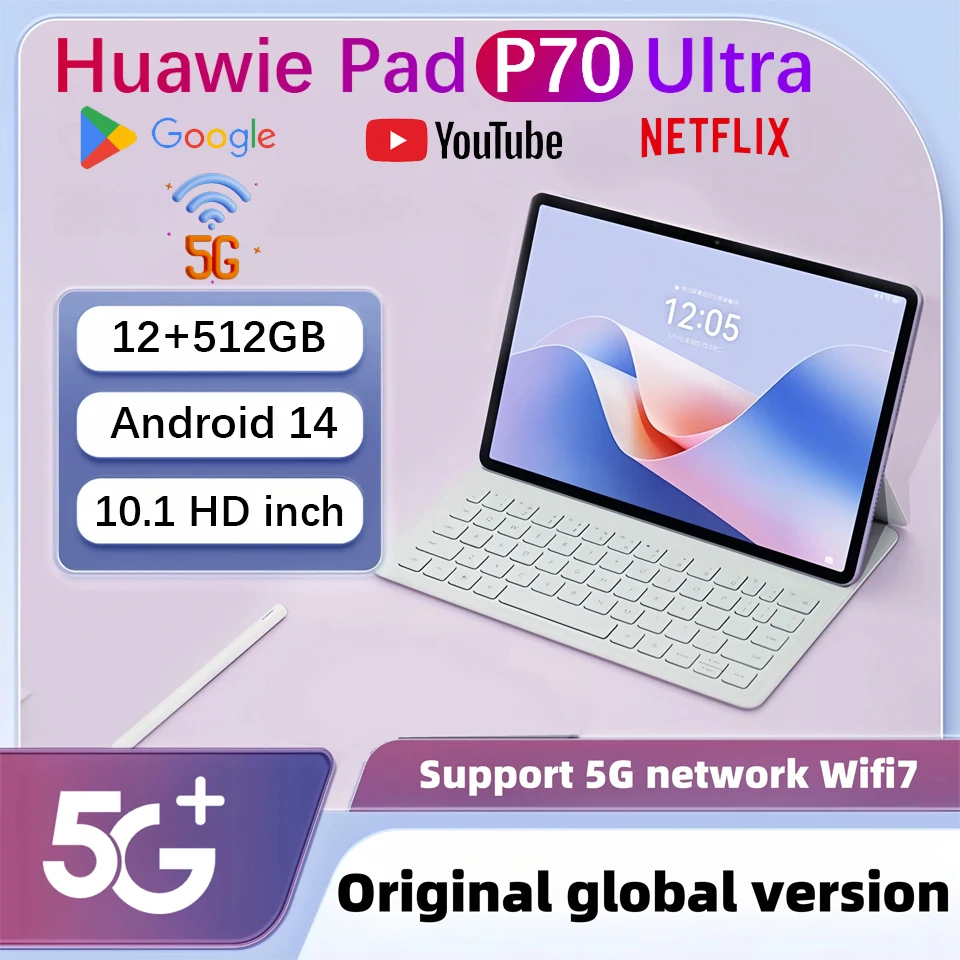 2025 New Product HUAWIE Global Version Pad P70 Android 14.0 Tablet 12GB+512GB 10.1inch HD 7000mAh 5G Dual SIM GPS WiFi Tablets