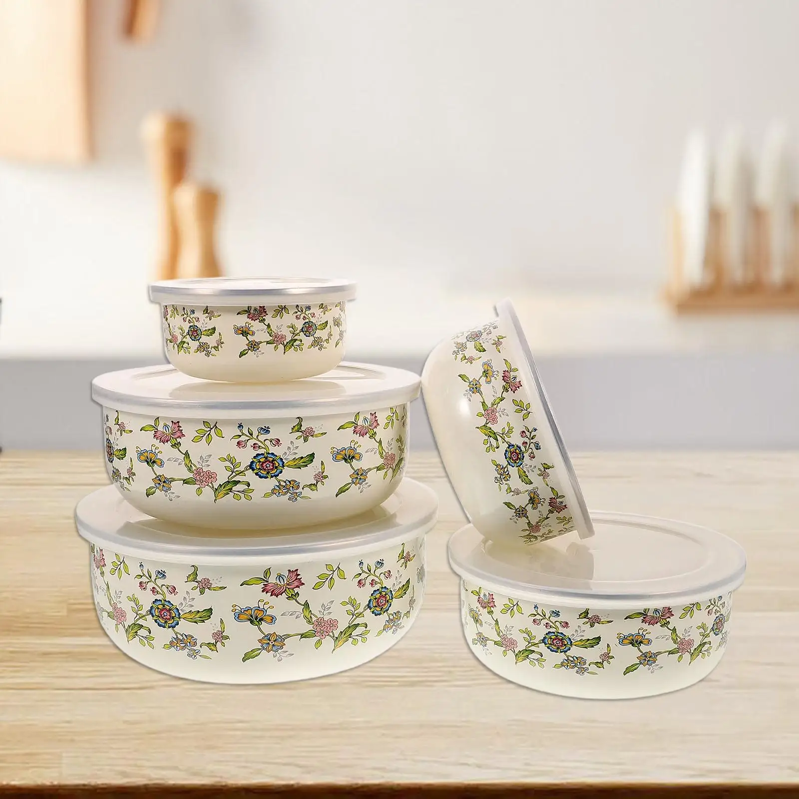 Mixing Bowl Set Versatile Use Round Enamel Bowl Food Storage Container with Lids for Cooking Serving Food Baking Prepping 5Pcs