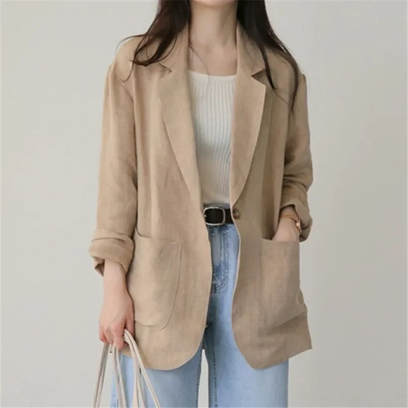 Women Blazers Single Button Solid Colors Khaki Long Sleeve Suits 2023 Spring Autumn Office Lady Plus Size Chic Elegant Blazer