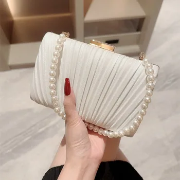 Borsa da Sera in Seta Elegante per Donne, Clutch con Catena di Perle, Borsa a Tracolla di Lusso, Borsetta Femminile per Matrimoni e Feste