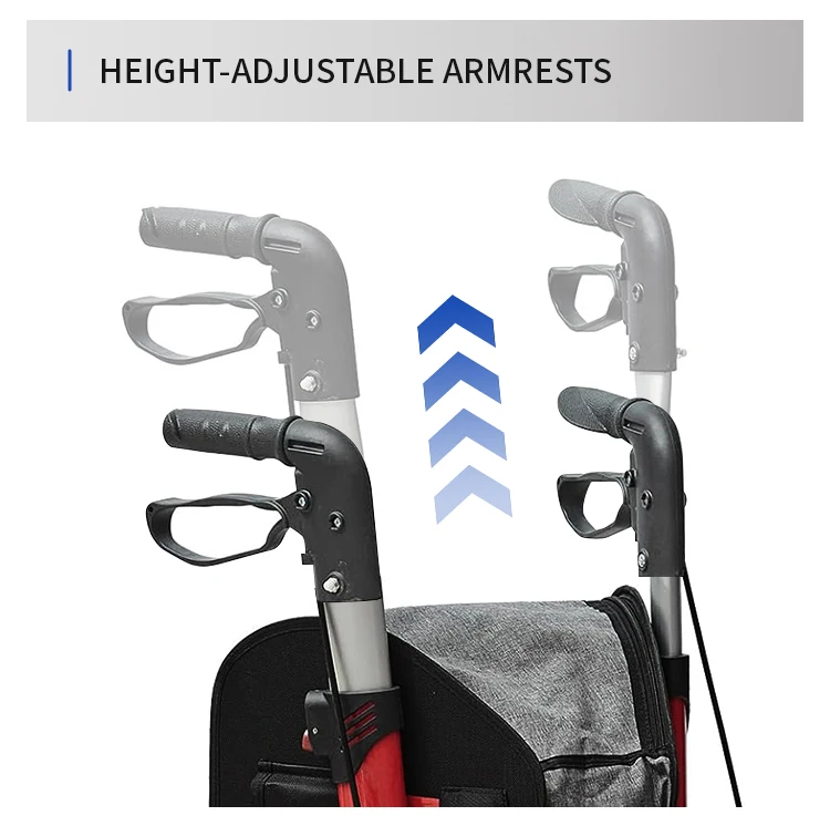 Short delivery time folding walker portable patient adjustable shopping medical outdoor steel rollator walker with bag