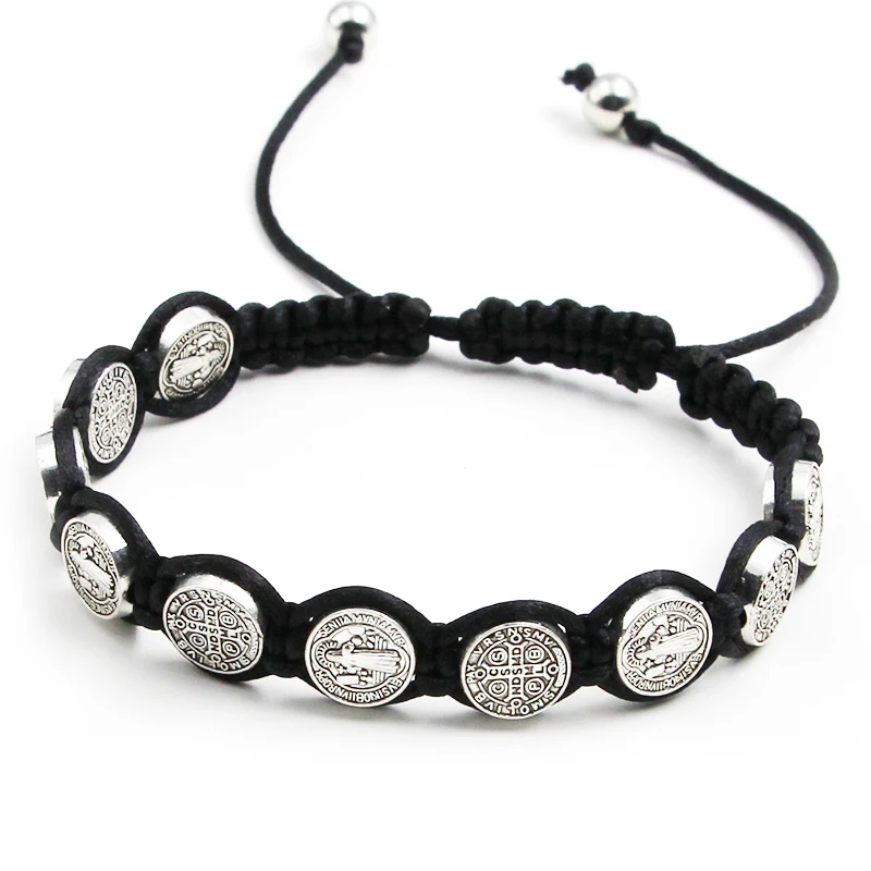 Braided Bracelet Handmade St. Benedict Medal Braided Rosary Coin Beaded Cross Bracelet