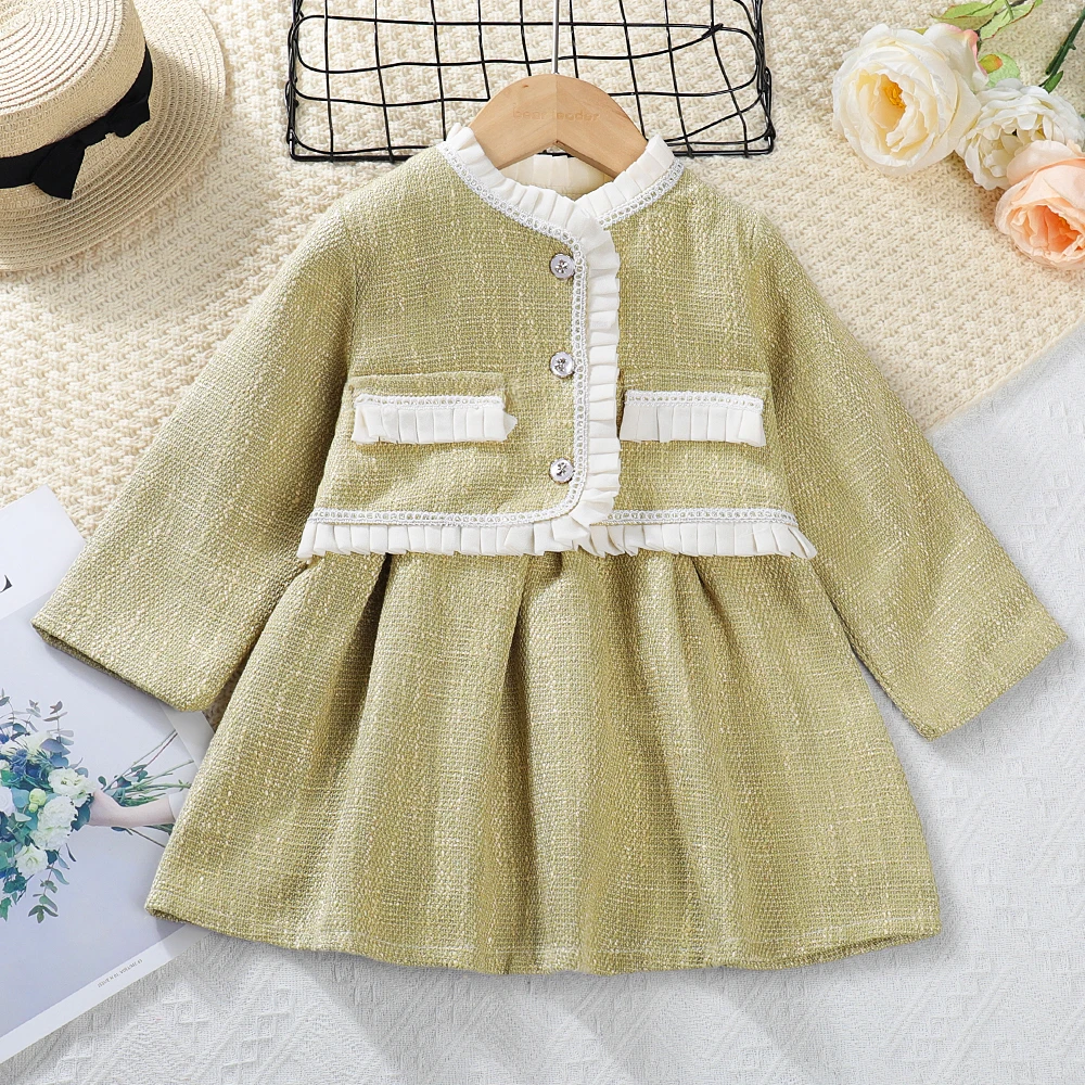 

Menoea Girls' Dress Set 2023 Spring/Autumn New Girls' Round Neck Sleeveless Dress+Ruffled Button Pocket Coat Two Piece Set