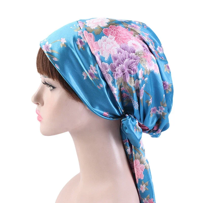 New Women Satin Night Cap Bowknot Sleep Hat Silk Chemo Caps Cancer Hats Long Tail Hair Bonnet Head Scarf Wrap Bandana Headwear 6