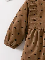 Printemps et automne tempérament simple fille amour imprimé vintage double pli dentelle à manches longues robe ample douce et ludique 4