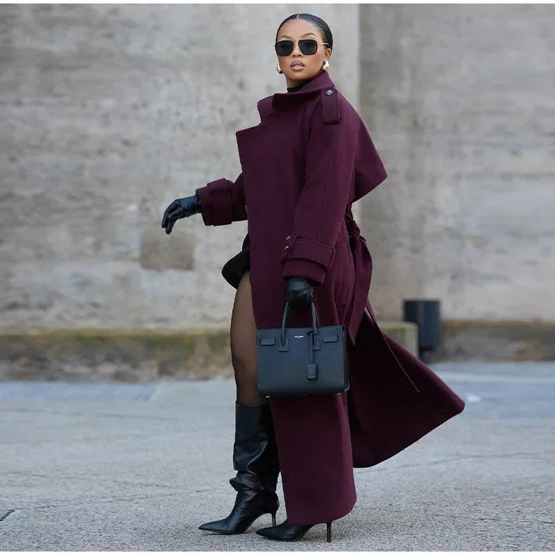 Fashion Burgundy Red Double Breasted Overcoat Women Lace Up Loose Lapel Pockets Long Sleeve Coat New High Street Outerwear