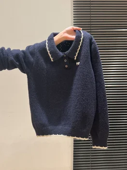 For Autumn And Winter, Wear A Lapel, Embroidered Bow, Color-Blocking Knitted Sweater As A Base Layer And Pair It With A Long-Sle