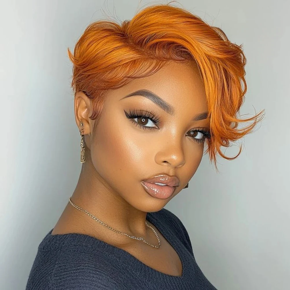 Pixie Cut Human Hair Wig Lace Frontal Transparent Lace Natural Black Orange Short Wig for Women