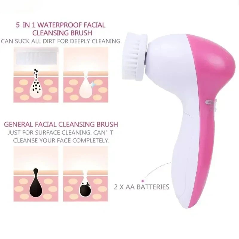 Facial Cleansing Brush Acne and Blackhead Removal Tools Facial Cleanser Massager 5 in 1 Facial Cleanser Pore Cleanser Face Massager Deep Electric Cleansing Brush Pore Cleaner Blackhead Remover Skin Beauty Care