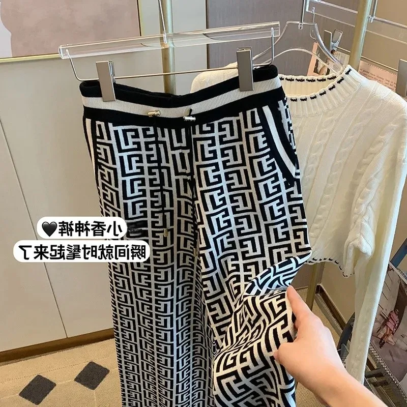 High Waist Knitted Wide Leg Pants Women's Casual Style Retro Design Slimming Straight Cut Trousers Elegant Fashionable New Hot S