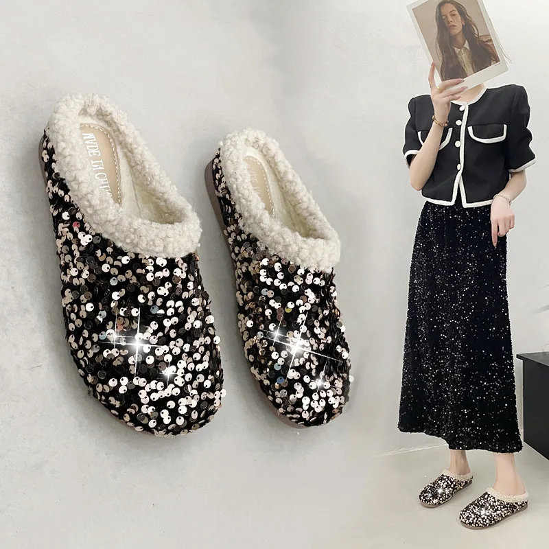 2026 Winter Sequined Cotton Slippers Fashionable, Beautiful with Unique Style Comfortable and Casual Flat Shoes for Women
