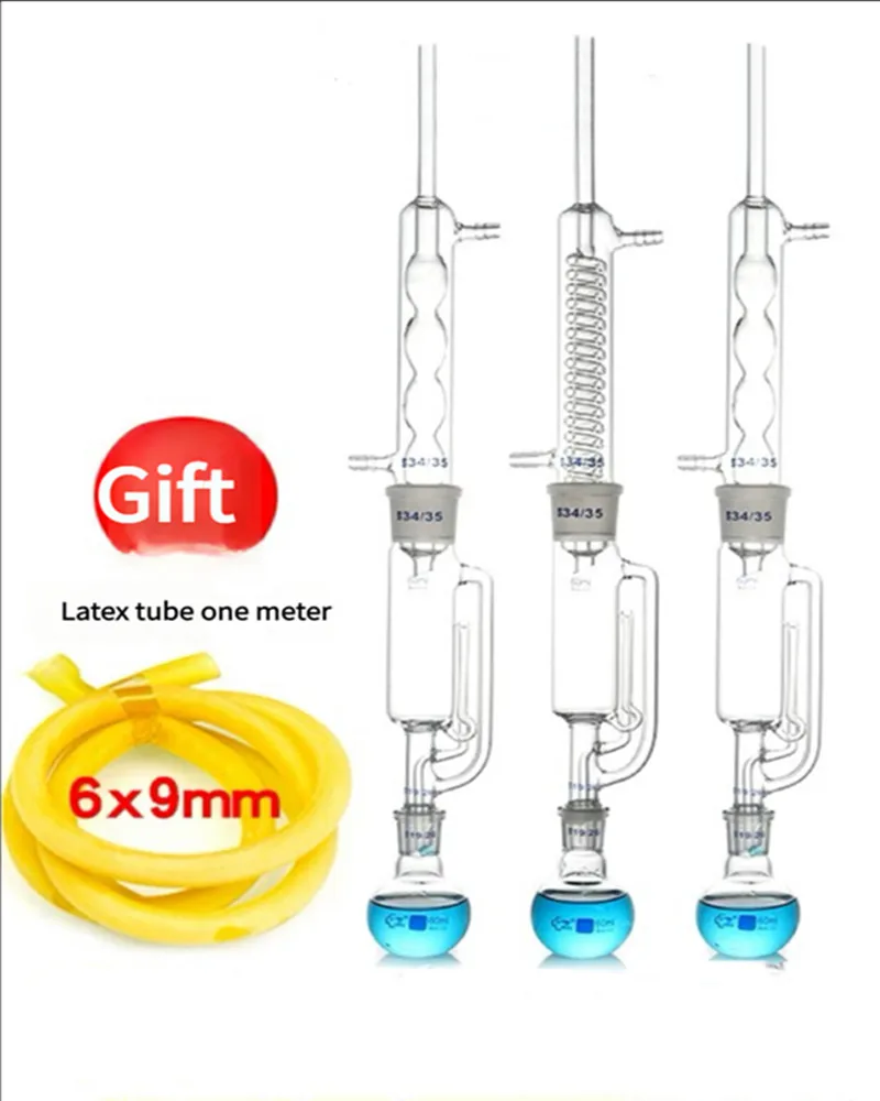 Lab Glass Supplies 60/150ml/250ml/500ml/1000ml/2000ml Lab Glass Soxhlet Extractor condenser and extractor body with coiled/bulbed Lab Glassware Kit