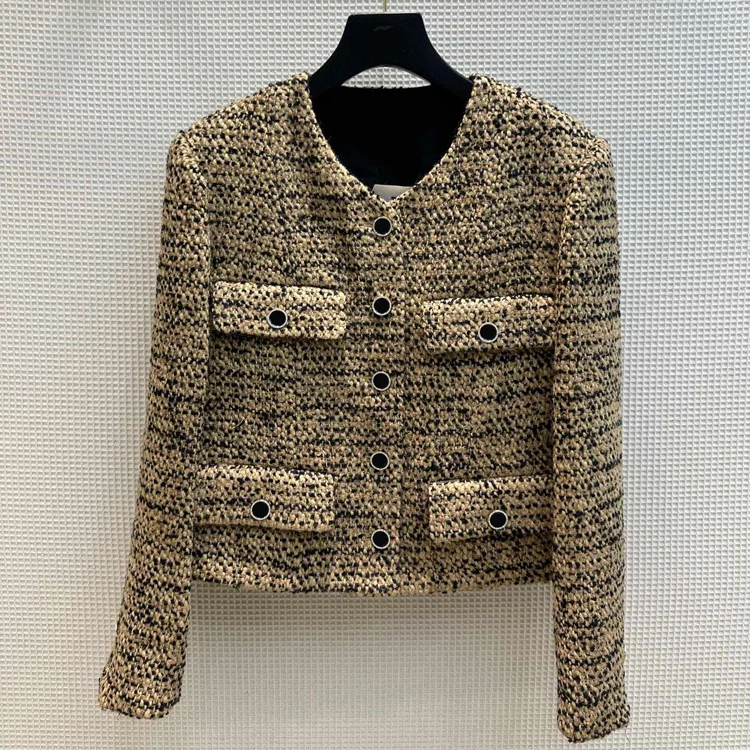 

2023 Light Luxury Wear Small Fragrance Style Retro Celebrity Color Matching Design V-Neck Thick Tweed Knitted Cardigan Coat