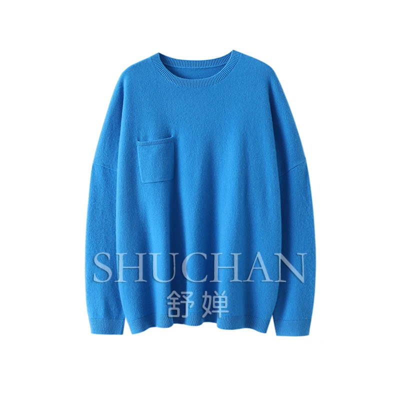 

100% Cashmere Sweater Women New Warm Knit Clothing Winter O-Neck Oversized Sweater Pockets Casual Pull Femme