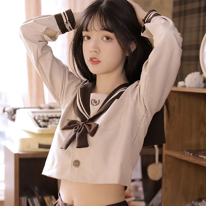 Japanese Jk Uniform Student Girl School Outfit Milk Tea Navy Feng Sailor Suit College Style Long-sleeved Jk Pleated Skirt Set japanese school uniform