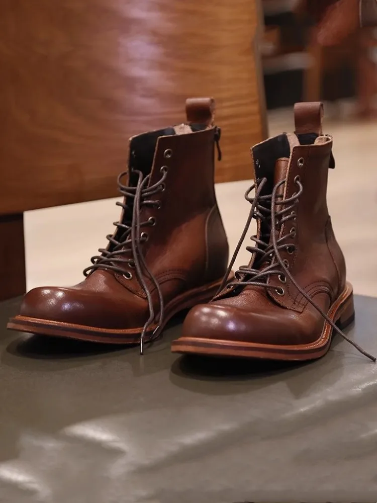 Autumn Mens Cowhide Genuine Leather Work Short Boots Vintage