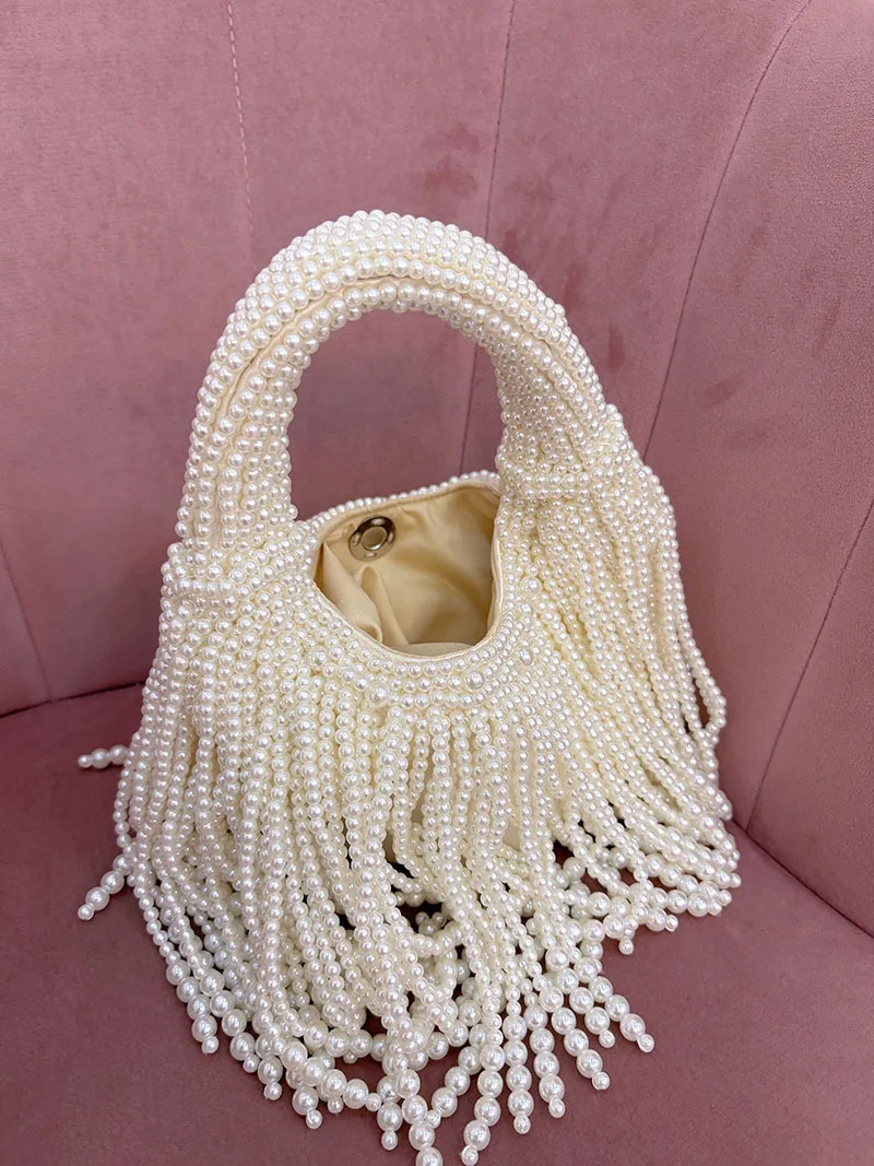 Luxury Pearl Beaded Handbag Fashionable Long Tassel Design Women's Handmade Evening Bag Unique Chain Crossbody Bucket Bag Female