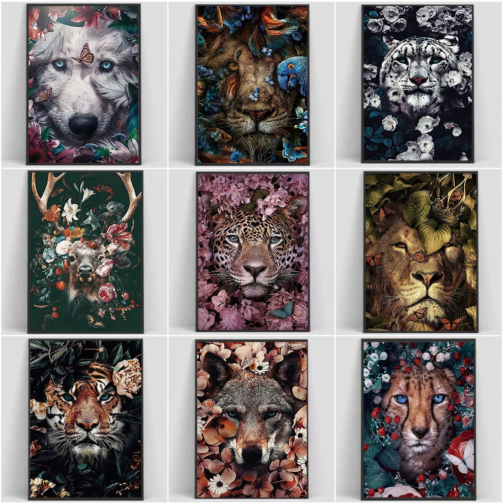 

Abstract Flowers Animal Canvas Painting Lion Tiger Deer Decorative Posters Prints Office Picture Modern Wall Art Home Decor