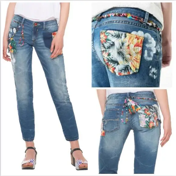 

Foreign trade original single Spanish jeans national style beaded belt embroidery nailed bead elastic women jeans