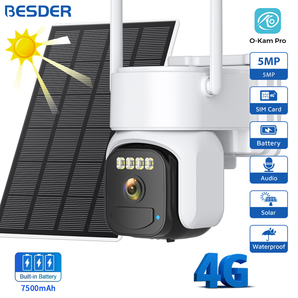BESDER 4G SIM Card Solar Camera 5MP PIR Human Detect Built-in 7500mAh Rechargeable Battery CCTV Surveillance IP Camera O-Kam Pro
