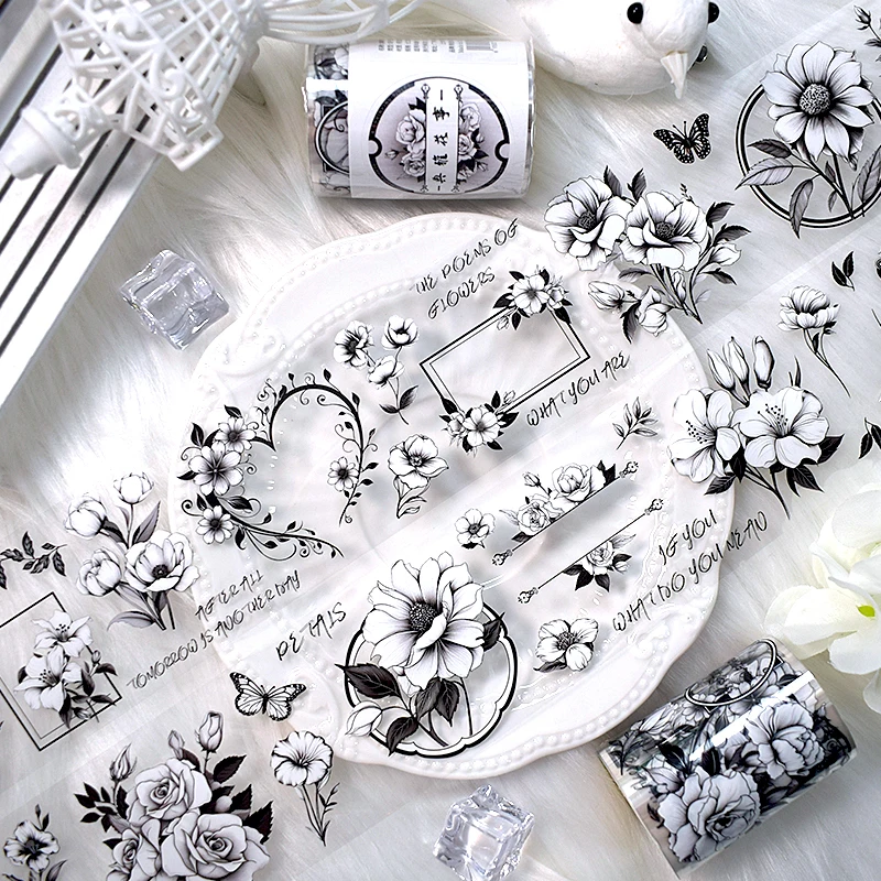 2m/Roll Black White PET Tape Flower Washi Masking Tape Aesthetic Decorative Adhesive Sticker for DIY Scrapbooking Journal Diary