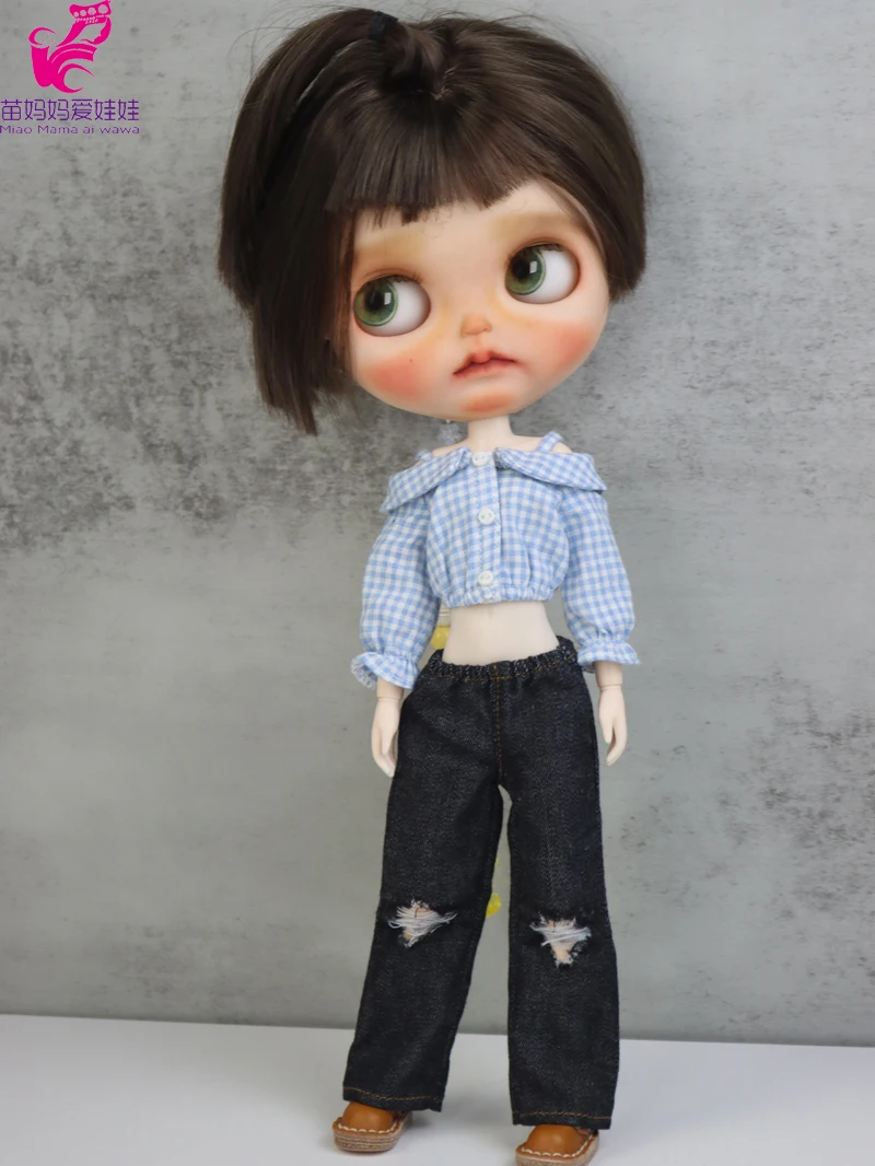 Blythe Doll Jeans Short Pants and Plaid Blouse for Ob24 Ob22 Azone Doll Clothes