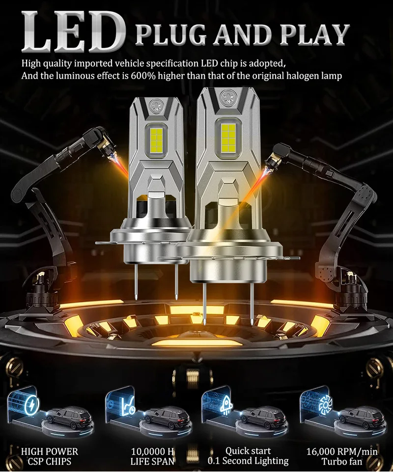 LED Canbus 고출력 헤드 라이트 1:1 미니 사이즈 헤드 램프, 매우 밝은 플러그 앤 플레이, 자동차 헤드 라이트 전구, H7, 30000LM, 6000K