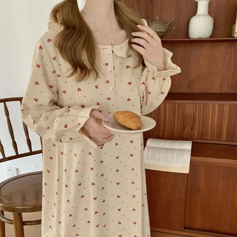 Heart Print Nightgown Sleepwear Womens Korean Style Ruffles Night Dress One Piece Pajamas Autumn Long Sleeve Home Wear women nightgowns women nightdresses women pajamas sleeping dress