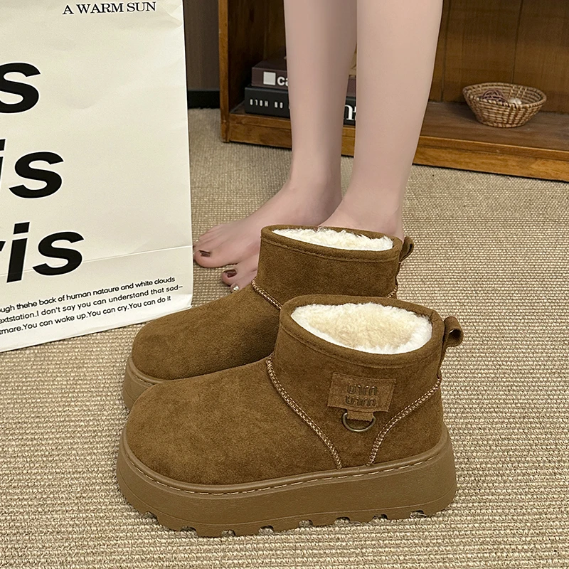 Women's Winter Fleece-Lined Short Boots, Fashionable Slip-On Thickened Warm Outdoor Short Boots, Solid Color Round-Toe Platform Shoes with Cloth Insoles and Pvc Soles, Winter Fashionable Warm Slip-On Short Boots, Cotton Shoes, Women's Snow Boots