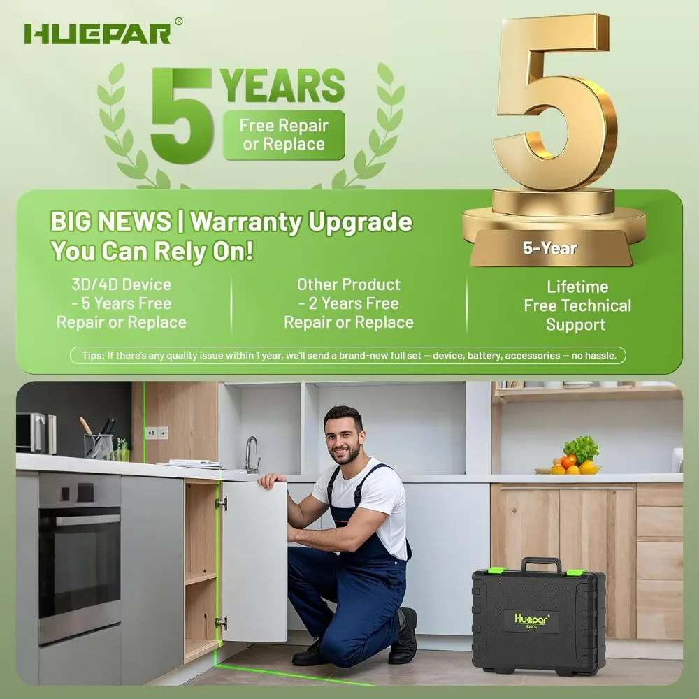 Huepar Self-Leveling 16-Line Green Beam 4D Cross Laser for Tiling and Floor Alignment