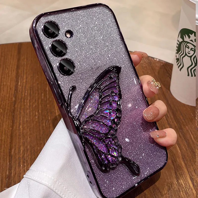 Shiny sand butterfly-shaped case for Samsung Galaxy A55 A34 A14 A15 A35 A25 A54 S23 S24 Ultra plus shockproof case A 55