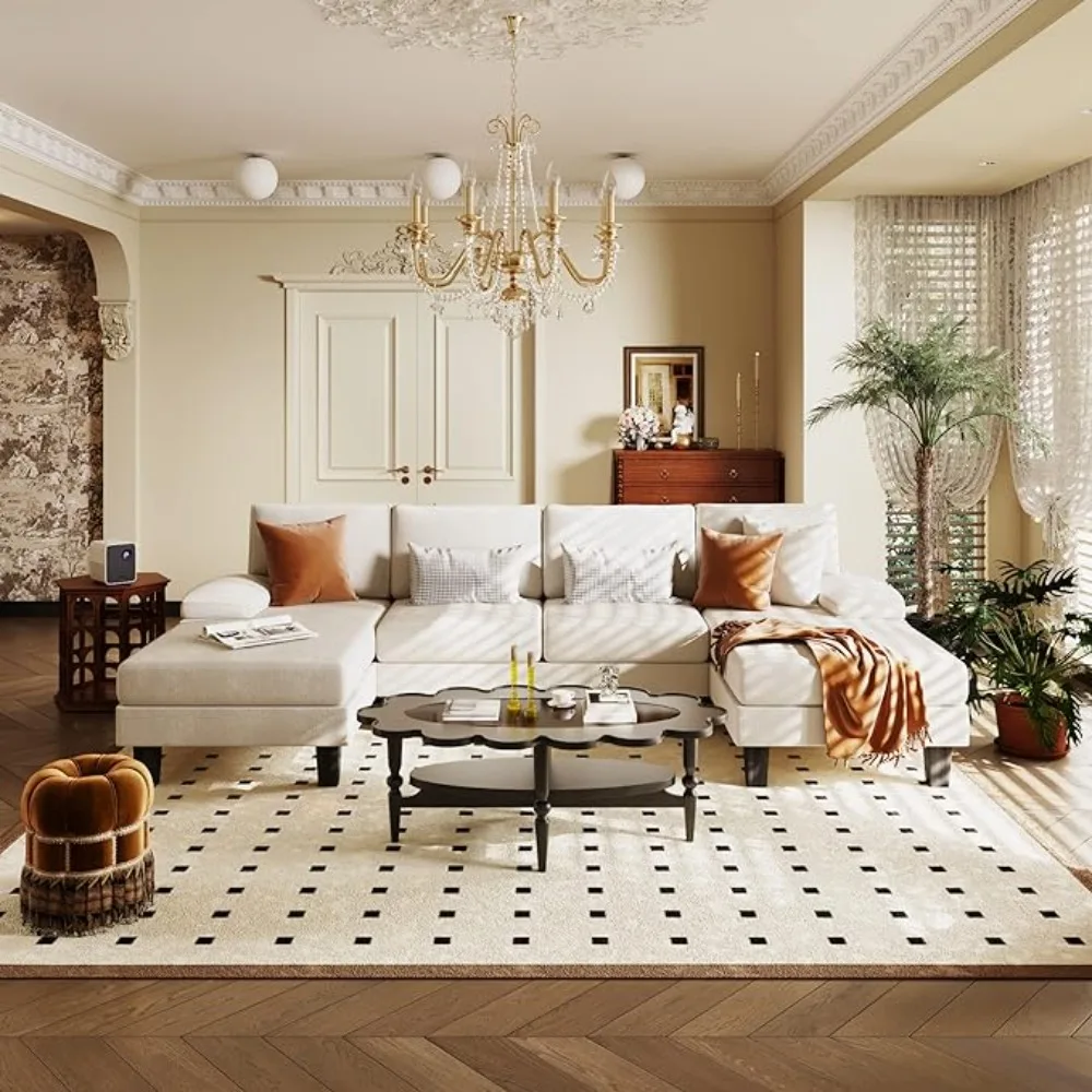 

Секционный диван-трансформер, современный U-образный диван из синельной ткани, 4-местный длинный шезлонг для гостиной, диванов, белые диваны