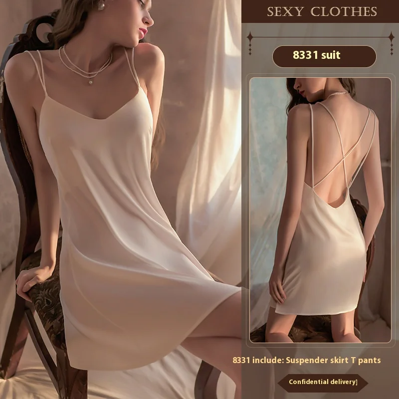 Women's New Erotic Lingerie Sexy Ice Silk Sling Hollowed out Nightgown Female Hot Sexy Lingerie Underwear Pajamas Homewear Set