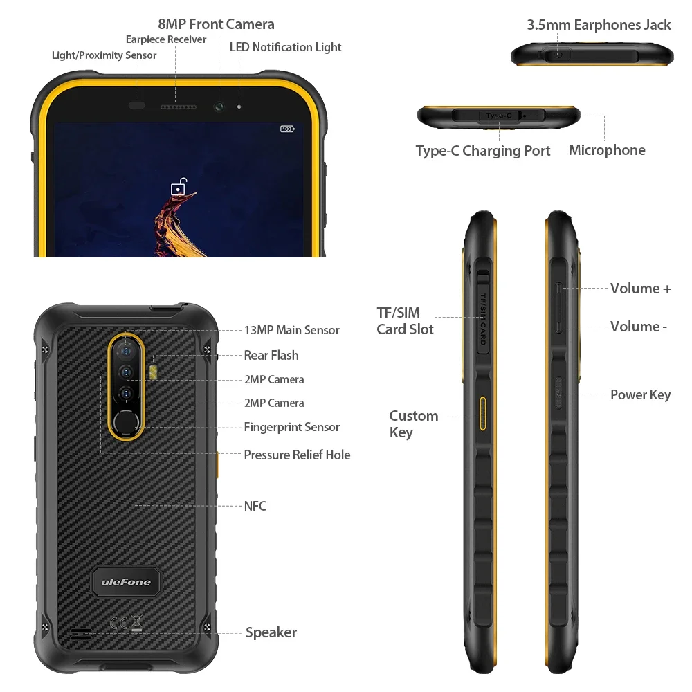 Ulefone Armor X8 Rugged Smartphone 5.7 Inch 4GB+64GB Waterproof Mobile Phone 5080mAh Android 11 IP68 4G Cell Phone Use All NFC