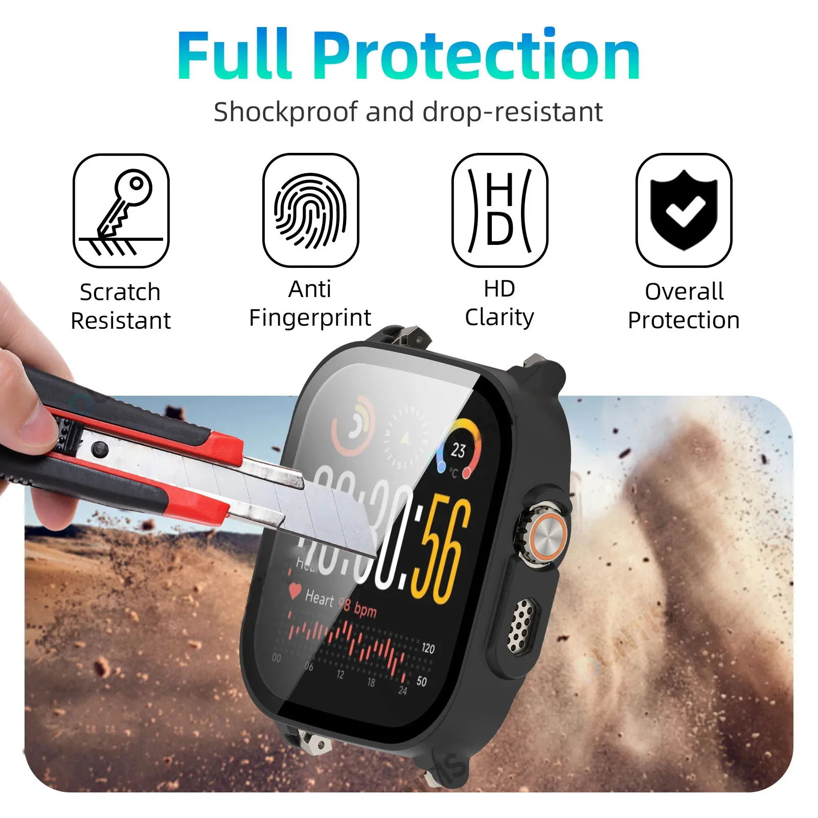 Tempered Glass Hard Case Full Cover Protective Shell & Screen Protector for Smartwatch Accessories