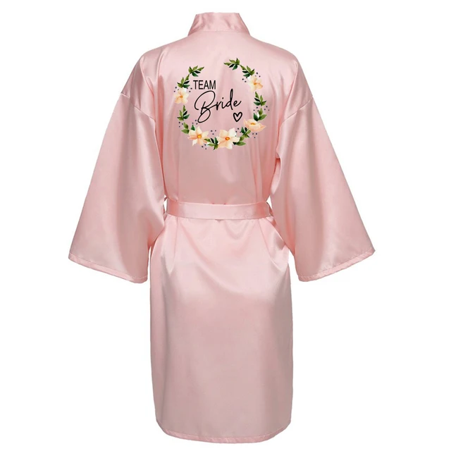 Wedding Party Team Bride Robe With Black Letters Kimono Satin Pajamas Bridesmaid Bathrobe SP003 Pink4