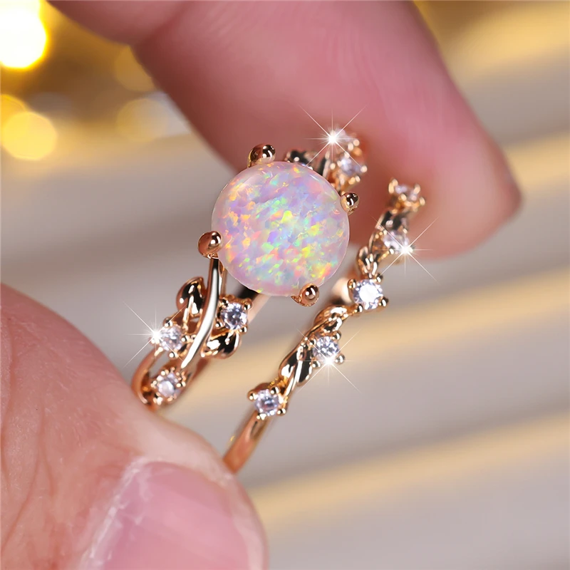 Cute Female White Fire Opal Round Leaf Engagement Ring Set Cute Silver Color Wedding Jewelry For Women