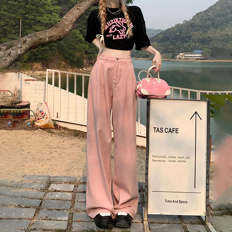 Retro Summer Versatile Loose Wide Leg Trousers Pleated High Waist Straight Tube Tencel Jeans for Women