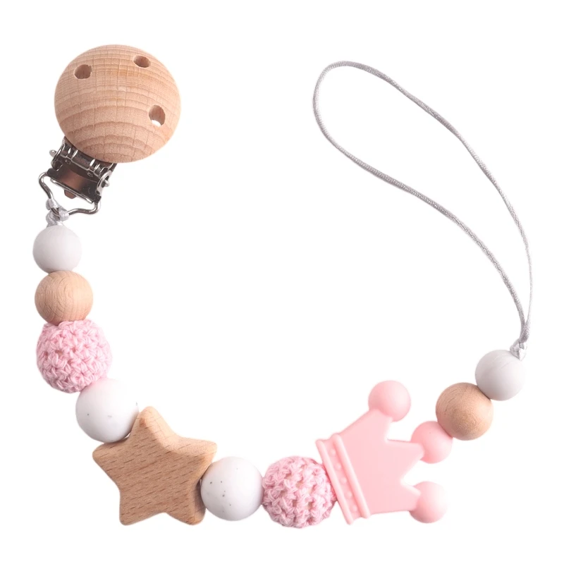 Baby Pacifier Chain Beech Wood Clips Pentagram Teether Silicone Crown Round Beads Teething Chain For Care Soother Chew Toys