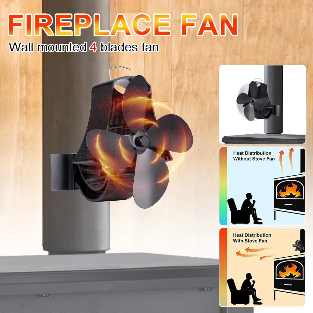 

Stove Fan Heat Powered Double Fireplace Fan Log Wood Burner Eco-fan Quiet 4 Blades Fireplace Fan Home Warm Heat Distribution