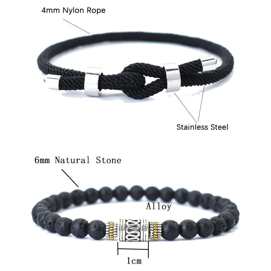 Men Bracelet Set 4mm Rope Charm Lava Onyx Stone Beaded Good Luck Red Cord