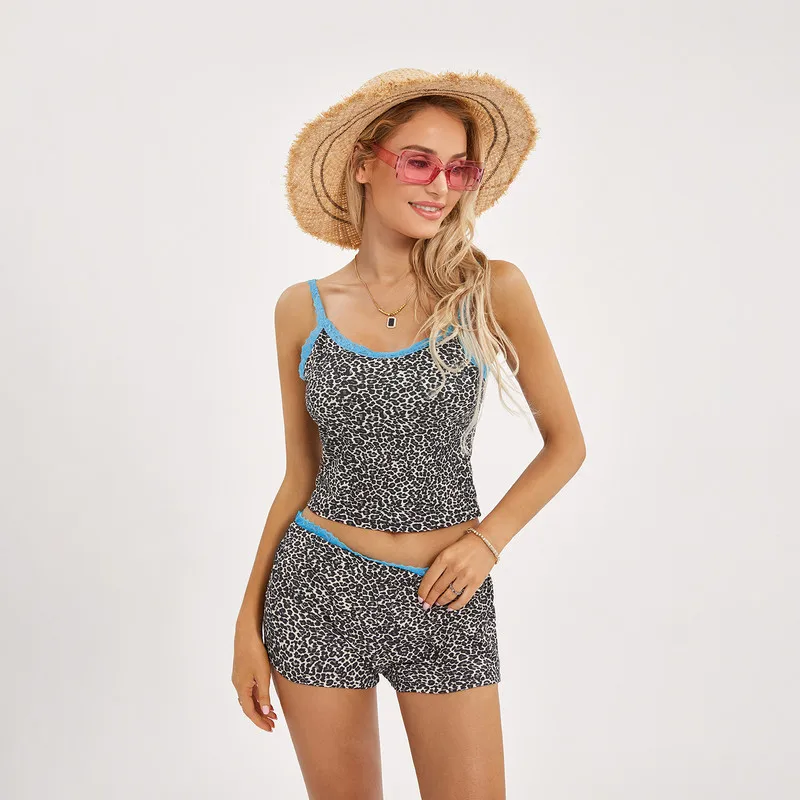

WPNAKS Women Leopard 2 Piece Shorts Set Summer Clothes Sleepwear Lace Patchwork Camisole with Low Waist Shorts Streetwear