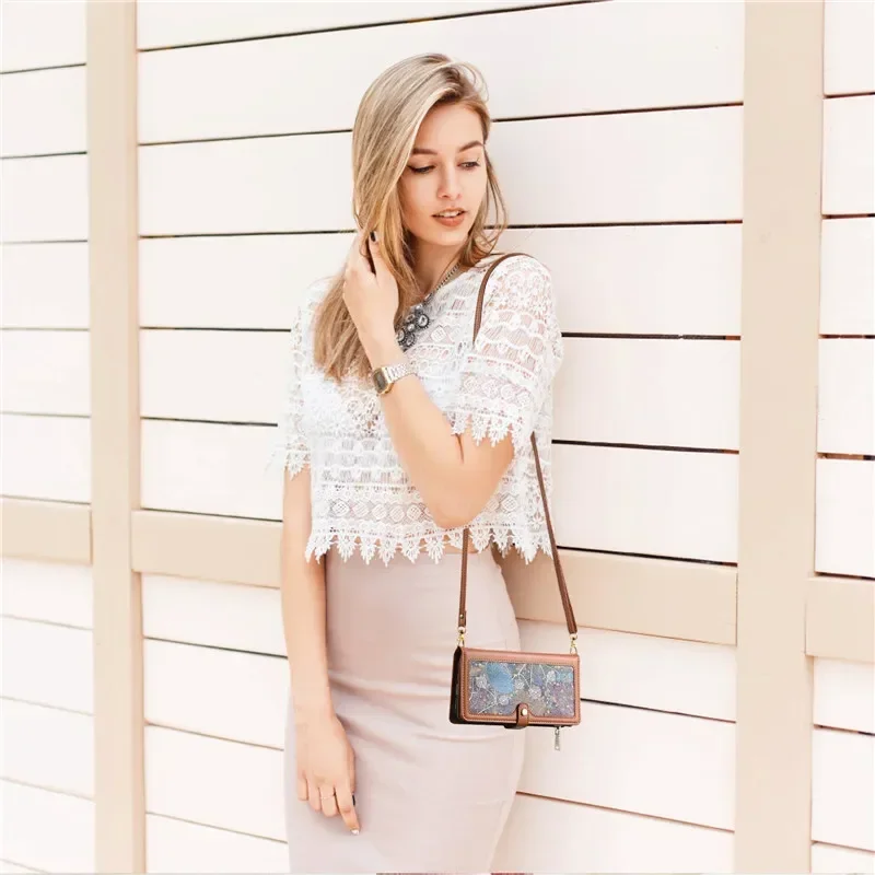 Stylish Crossbody Leather Wallet with Card Holder and Phone Case – Zippered Lanyard Flip Stand Cover