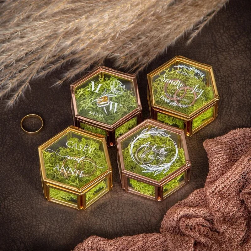 

Nordic Hexagon Glass Ring Box with Moss Personalized Customized Wedding Anniversary Valentine's Day Jewelry Gift Packaging Box
