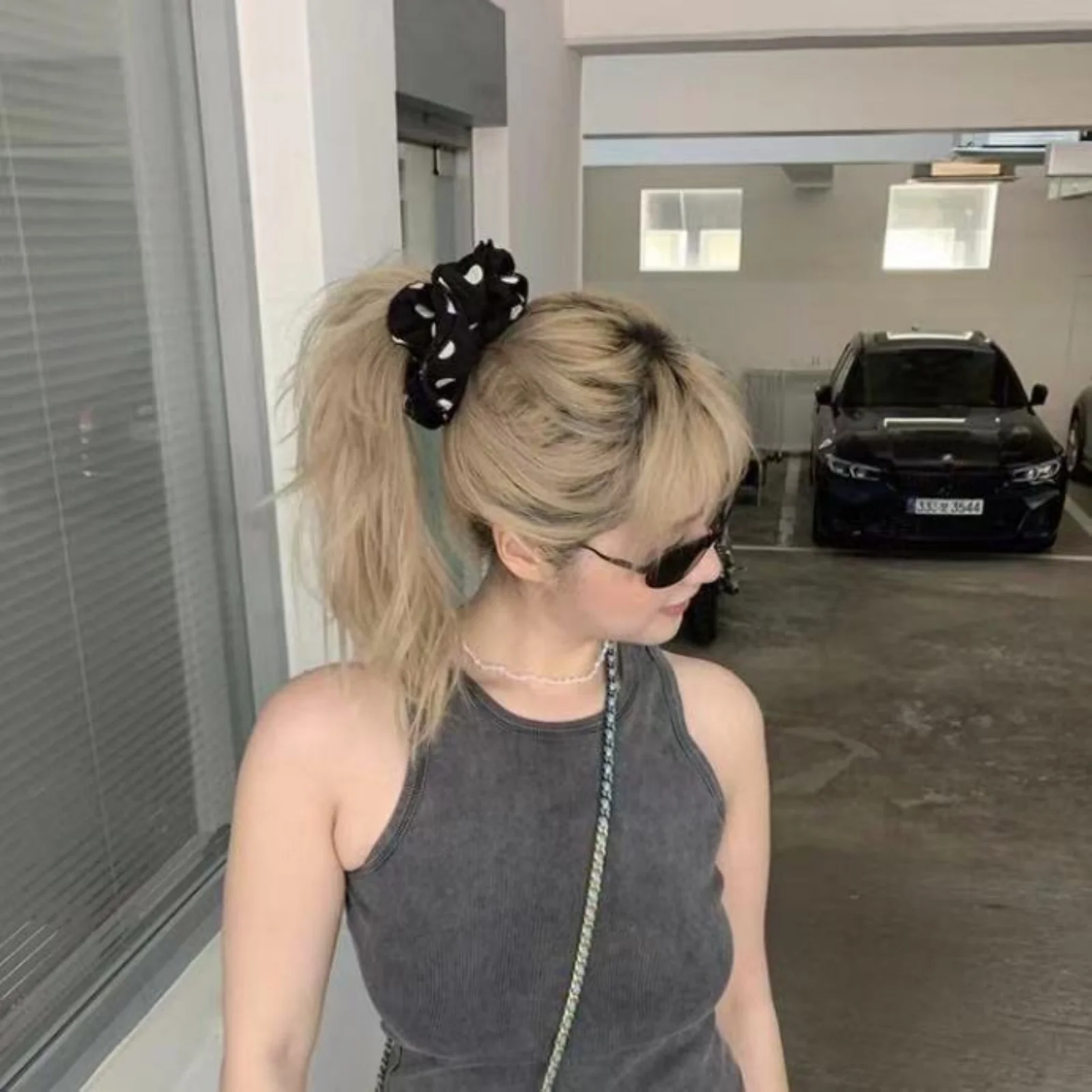 1PC Polka Dot Chiffon Scrunchies Set, 2 Pcs Black & White Hair Ties, Elegant Hair Accessories for Women and Girls