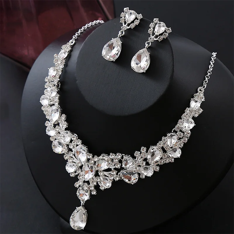 3Pcs Wedding Jewelry Set Imitation Rhinestone Crystal Ball Necklace Earrings Bridal Accessories For Women Luxury Minimalist
