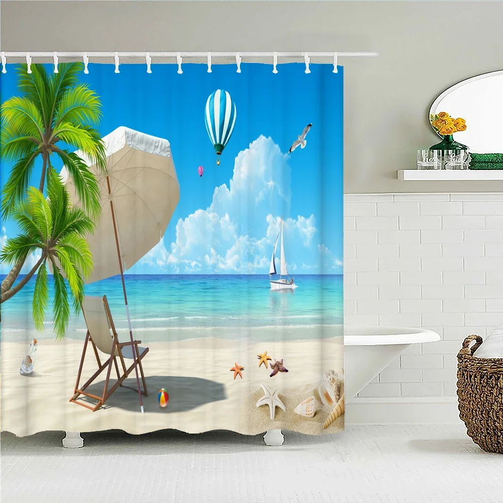 

Sea Scenery Waterproof Shower Curtain for Bathroom Sunny Beach Bath Curtains Printing Fabric Bath Screen Decor with 12 Hooks