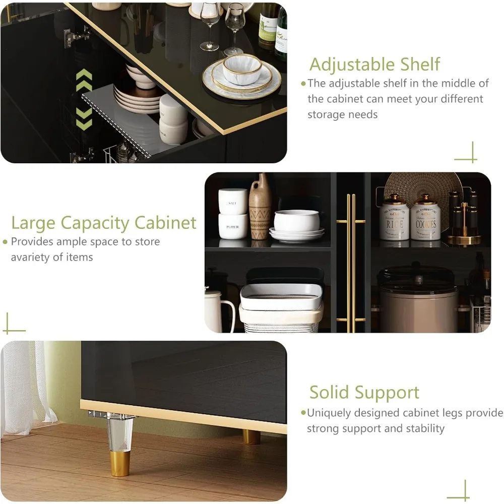 63" Buffet Sideboard Cabinet with Storage, High Glossy Coffee Bar Cabinet with Adjustable Shelves & Doors, Modern Storage Consol 6