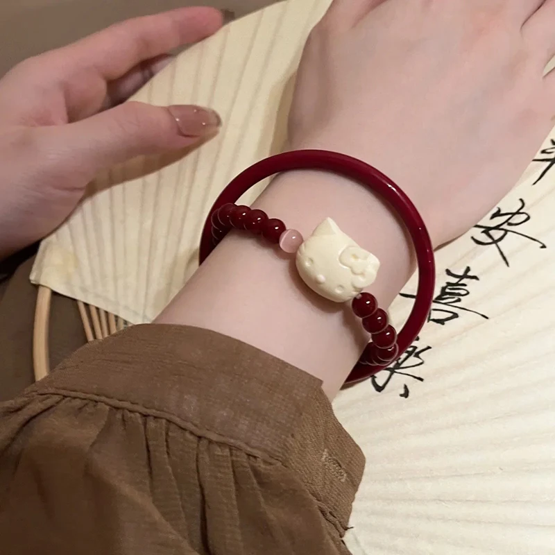 

1Pc Anime Sanrio Hello Kitty Cinnabar Beaded Bracelet Chinese Style Stacked Beaded Bracelet Bangle Collectible Toy Girl Gift